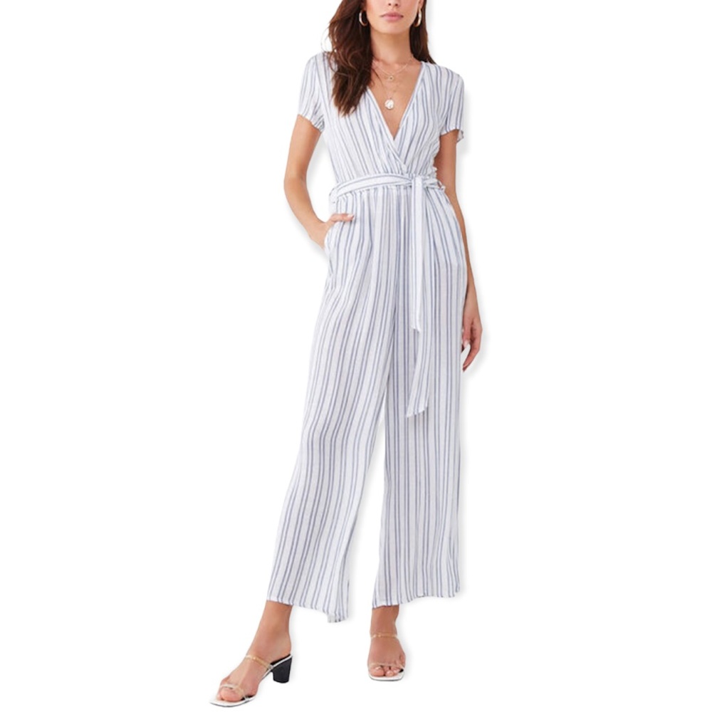 Forever 21 White/Blue Striped Short Sleeve Plunge Surplice Tie Jumpsuit Large